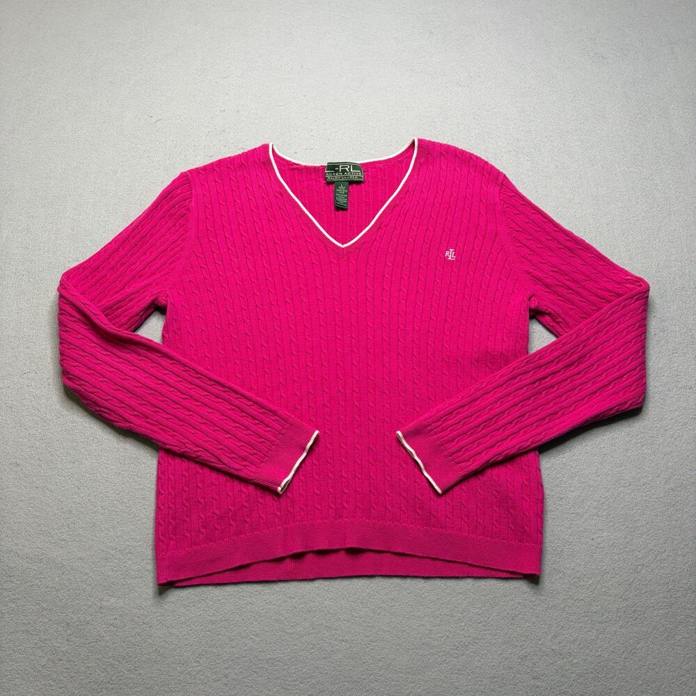 Lauren Ralph Lauren RL Active‎ Cable Knit Sweater Women Large Pink V-Neck Cotton